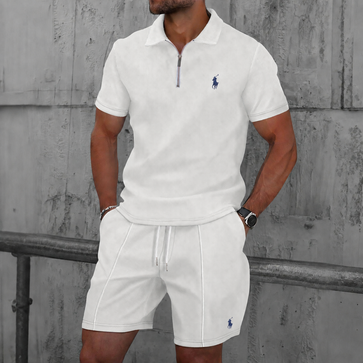 Men’s Textured Zip Polo Shirt & Shorts Set