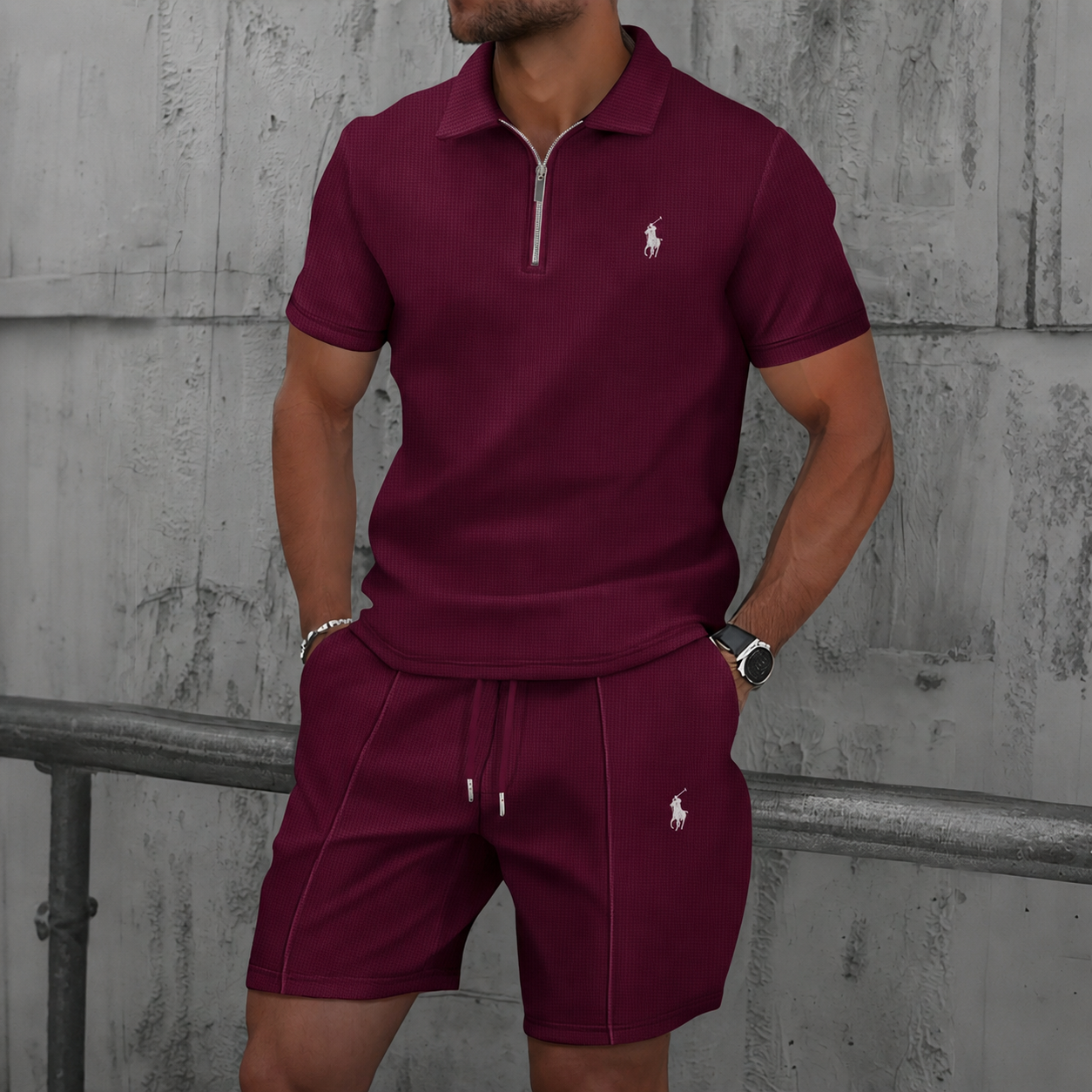 Men’s Textured Zip Polo Shirt & Shorts Set