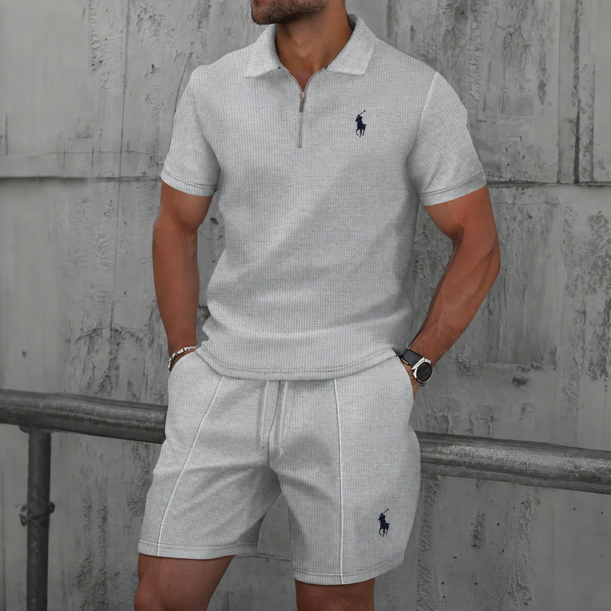 Men’s Textured Zip Polo Shirt & Shorts Set