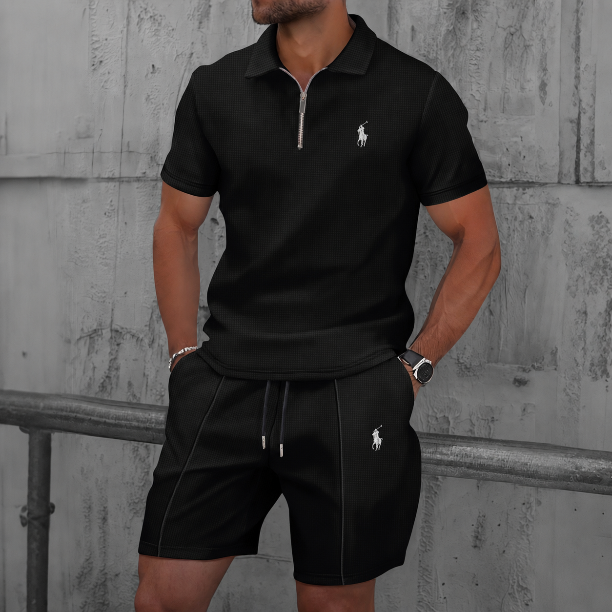 Men’s Textured Zip Polo Shirt & Shorts Set