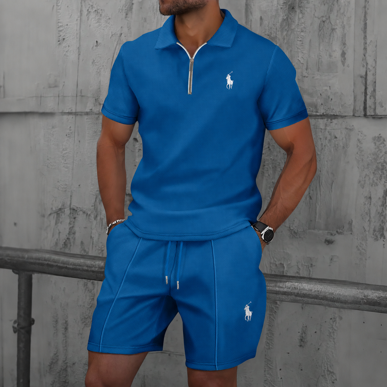 Men’s Textured Zip Polo Shirt & Shorts Set