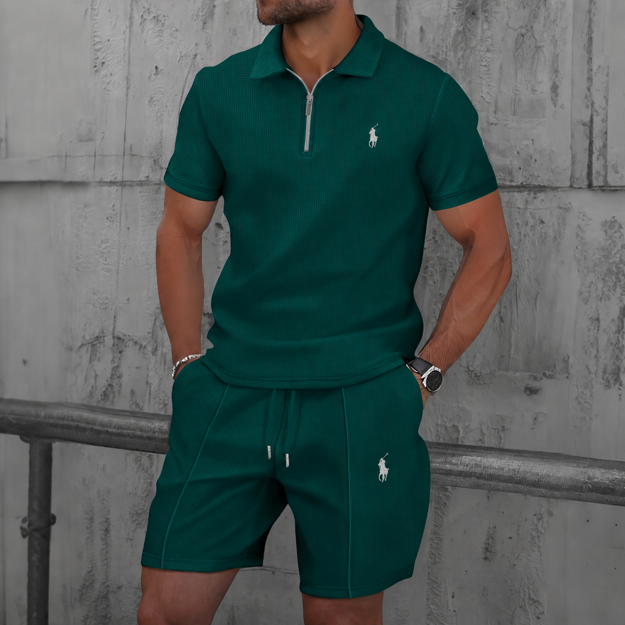 Men’s Textured Zip Polo Shirt & Shorts Set