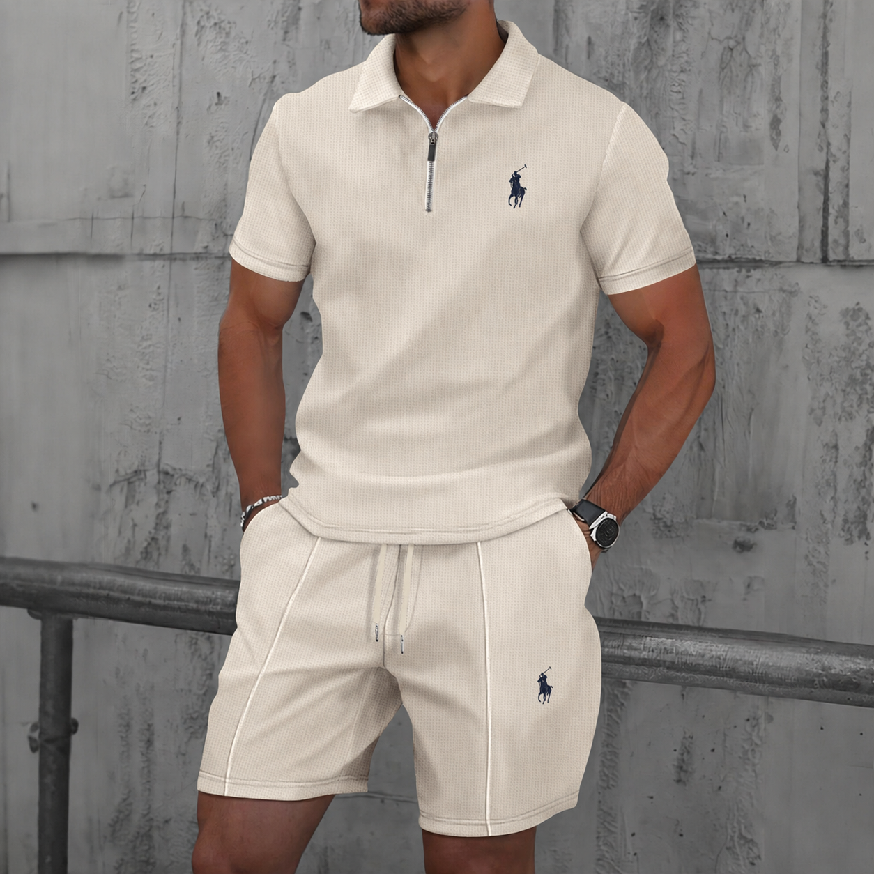 Men’s Textured Zip Polo Shirt & Shorts Set