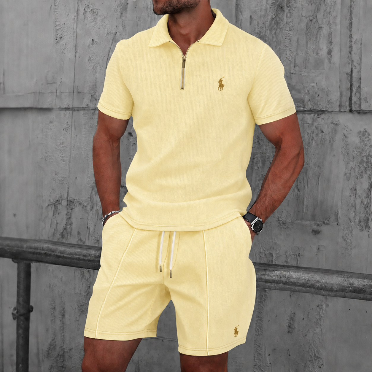 Men’s Textured Zip Polo Shirt & Shorts Set