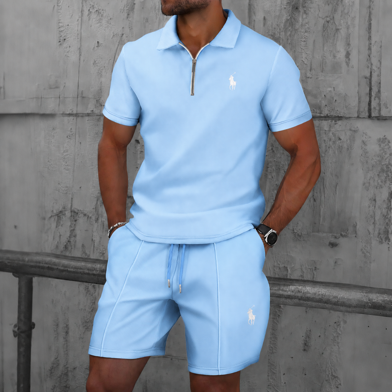 Men’s Textured Zip Polo Shirt & Shorts Set